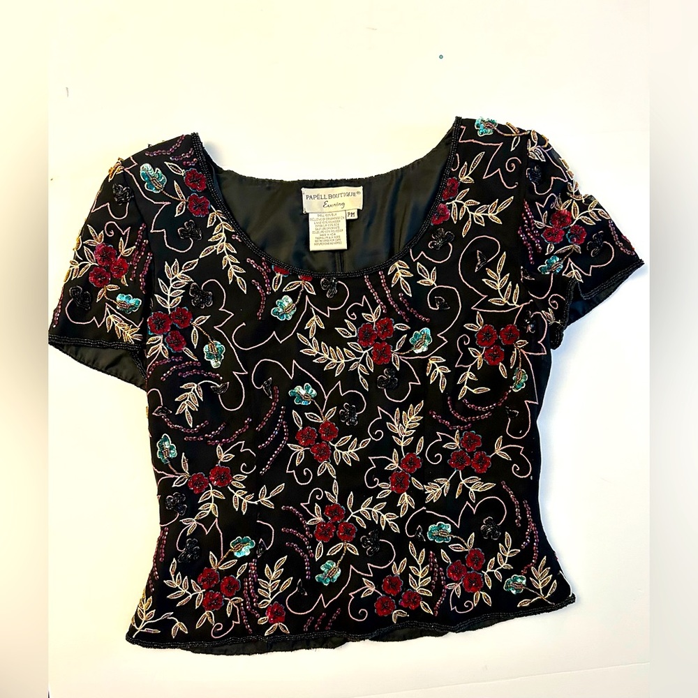 Papell Boutique Petite M Embellished Embroidered Sequin Beaded Silk Blouse